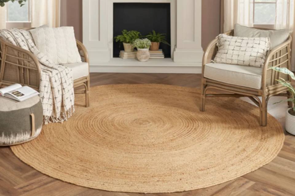 textured area rug in living room with two sitting chairs and white fireplace